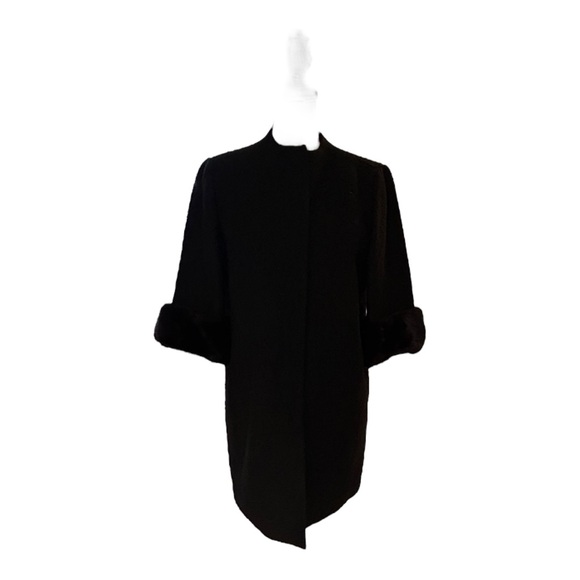 Elie Tahari 3/4 Sleeve Mink Cuff Black Wool Coat - Picture 3 of 14
